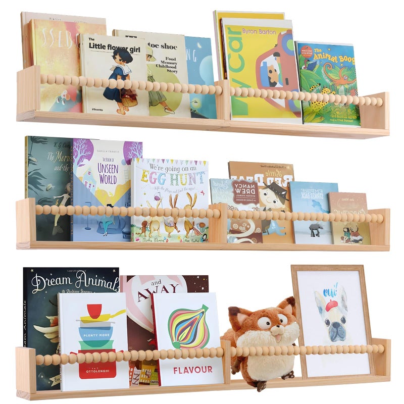 birola Nursery Book Shelves for Kids Rooms - 32 Inches Floating Wall Bookshelves Set of 3, Space-Saving Nursery Shelves with Beads Design for Kids Room, Bedroom and Study Room(Natural) - Image 1