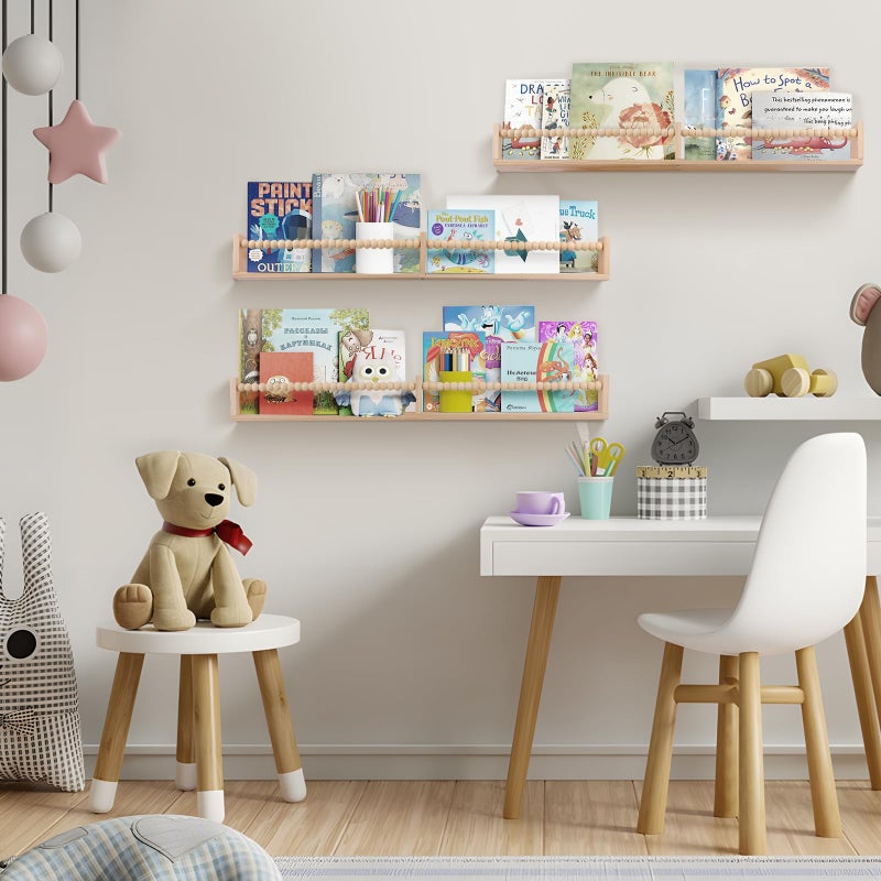 birola Nursery Book Shelves for Kids Rooms - 32 Inches Floating Wall Bookshelves Set of 3, Space-Saving Nursery Shelves with Beads Design for Kids Room, Bedroom and Study Room(Natural) - Image 5