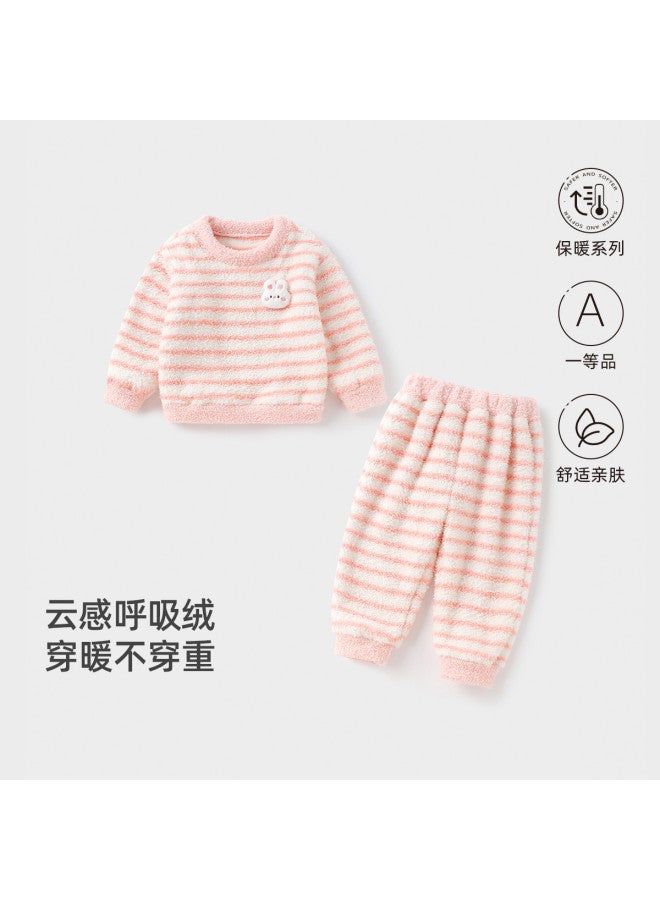 YISHUANGER Boys' Flannel Children's Long Sleeve & Pants Set, Thickened Fleece Baby Winter Warm Coral Fleece Suit - Image 2