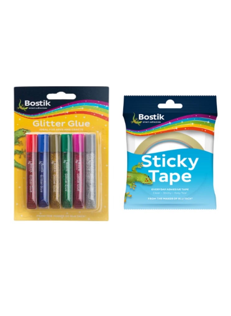 Bostik Art Glitter glue pens pack - set of 6 assorted colors - for school/craft/hobby & Bostik Sticky Tape 24mm x 50 Meter Roll  - Image 1