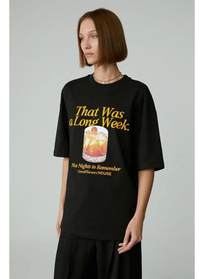 Ethiquet MERCEDITAS Women's Regular Printed Round Neck Black T-Shirt.