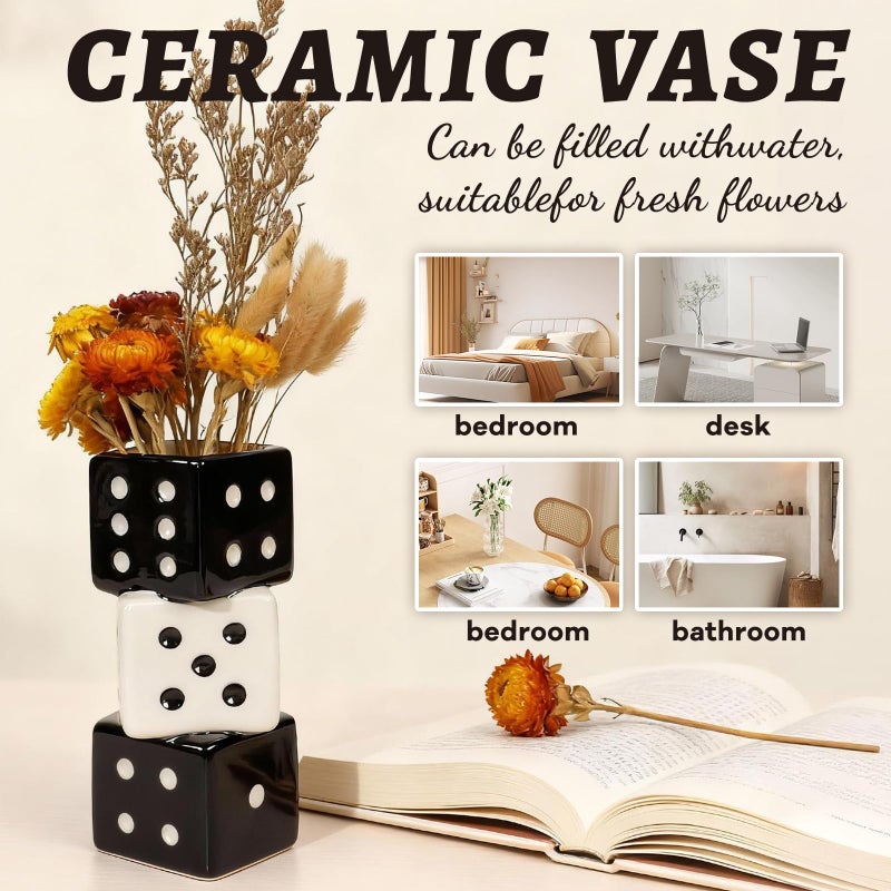 Tnstbiee Triple Dice Ceramic Vase â€“ Elegant Black & White Decorative Vase for Home & Bar, Perfect for Flowers | Unique Centerpiece for Dining Table, Coffee Table & Entryway | Stylish Decor for Kitchen - Image 4