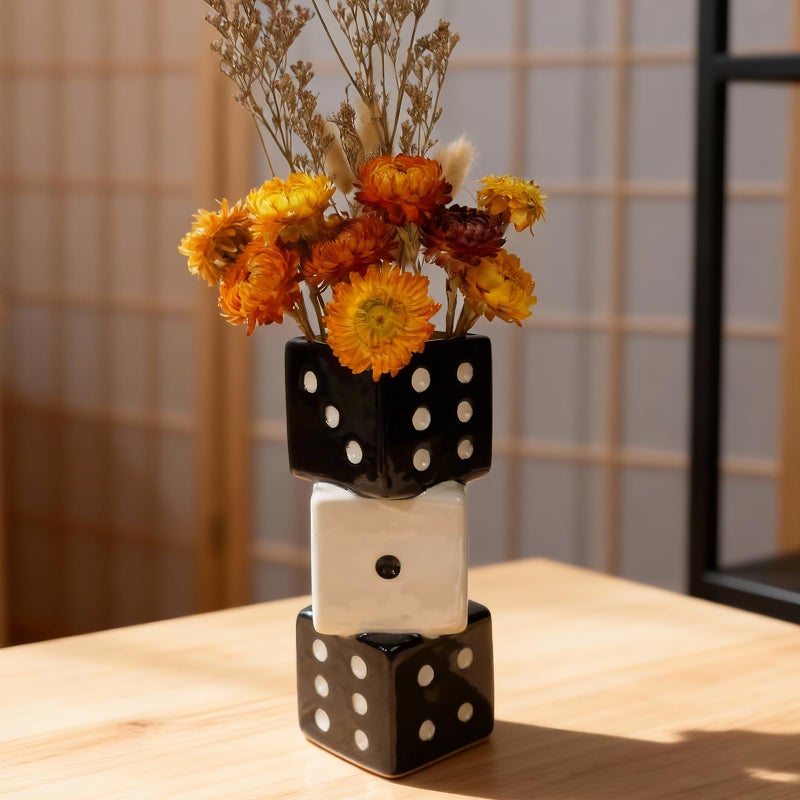 Tnstbiee Triple Dice Ceramic Vase â€“ Elegant Black & White Decorative Vase for Home & Bar, Perfect for Flowers | Unique Centerpiece for Dining Table, Coffee Table & Entryway | Stylish Decor for Kitchen - Image 1
