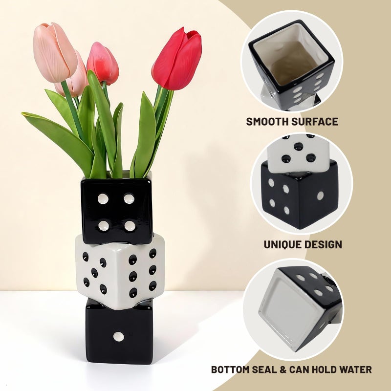 Tnstbiee Triple Dice Ceramic Vase â€“ Elegant Black & White Decorative Vase for Home & Bar, Perfect for Flowers | Unique Centerpiece for Dining Table, Coffee Table & Entryway | Stylish Decor for Kitchen - Image 3