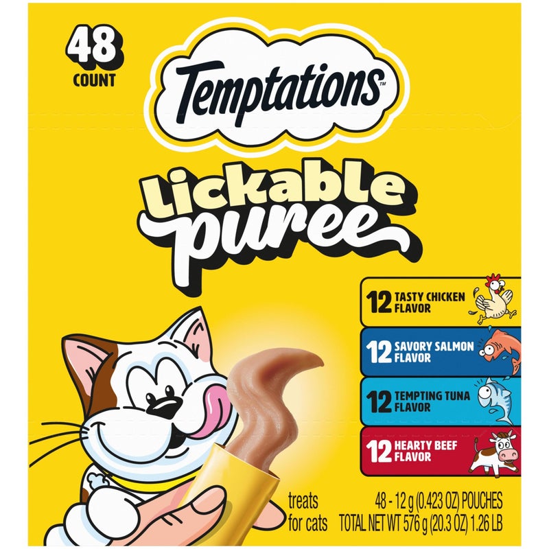 Temptations Creamy Puree Squeezable Lickable Cat Treats, Wet Cat Treats with Beef, Salmon, Chicken, and Tuna Variety Pack, 0.42 oz. Tubes, 48 Count - Image 1