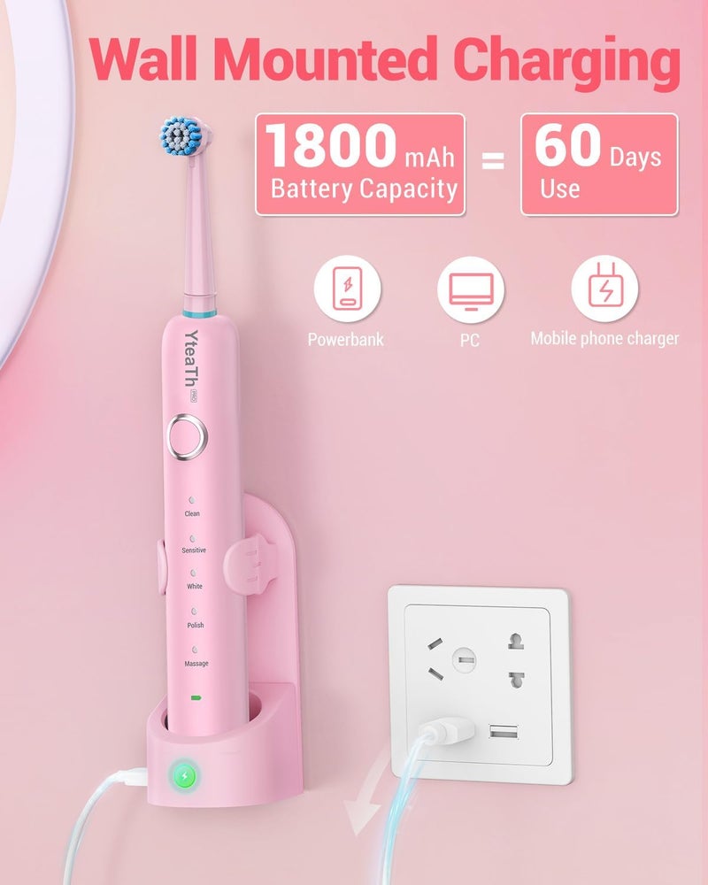 YTEATH PRO Electric Toothbrush Rotating for Adults - Rotating Toothbrushes with 8 Brush Heads and Travel Case, 5 Modes, Waterproof IPX7 Electric Toothbrush for Travel, Pink - Image 5