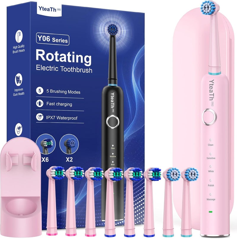 YTEATH PRO Electric Toothbrush Rotating for Adults - Rotating Toothbrushes with 8 Brush Heads and Travel Case, 5 Modes, Waterproof IPX7 Electric Toothbrush for Travel, Pink - Image 1