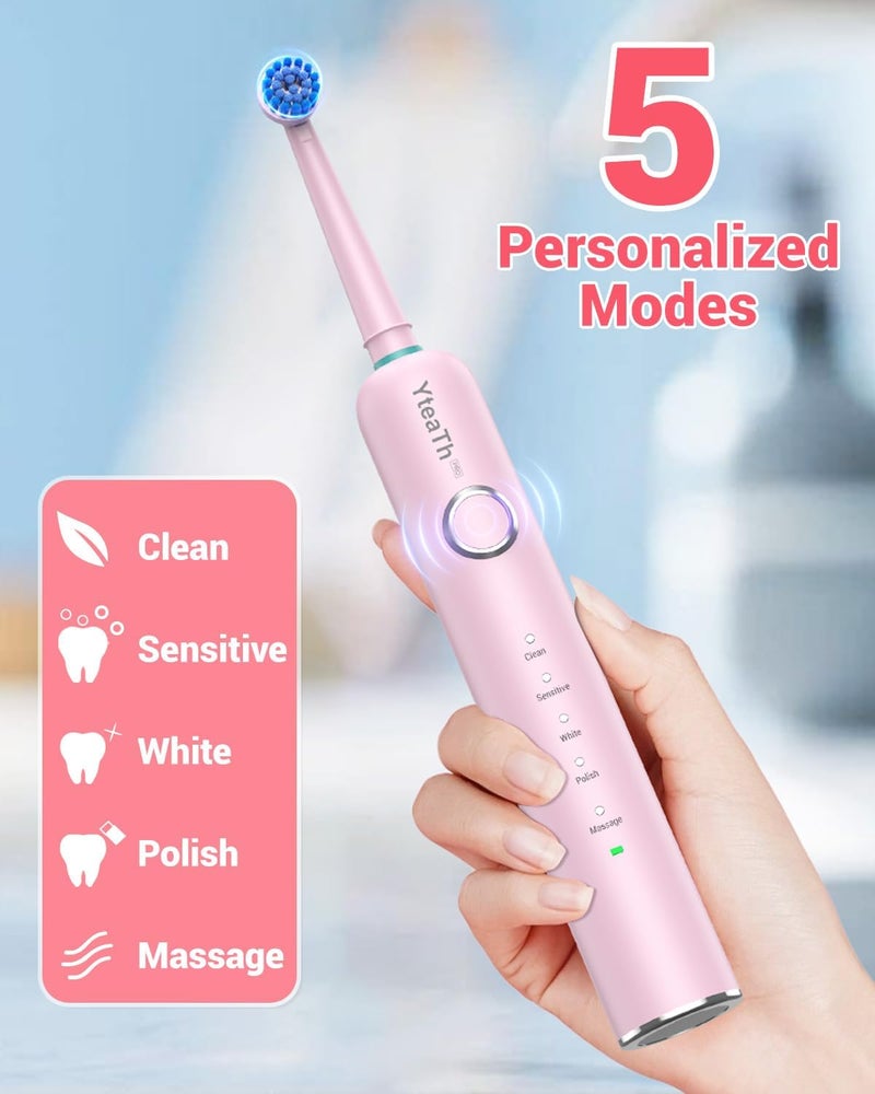 YTEATH PRO Electric Toothbrush Rotating for Adults - Rotating Toothbrushes with 8 Brush Heads and Travel Case, 5 Modes, Waterproof IPX7 Electric Toothbrush for Travel, Pink - Image 4
