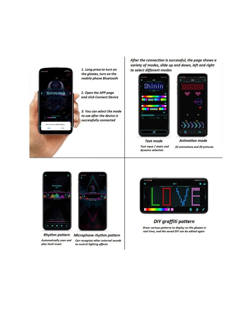 SYOSI Customizable Full Color Shining Glasses, Programmable Bluetooth 4.0 RGB Fullcolor Glowing LED Glasses, USB Rechargeable Future Style LED Light Up Glasses (full color)  - Image 3