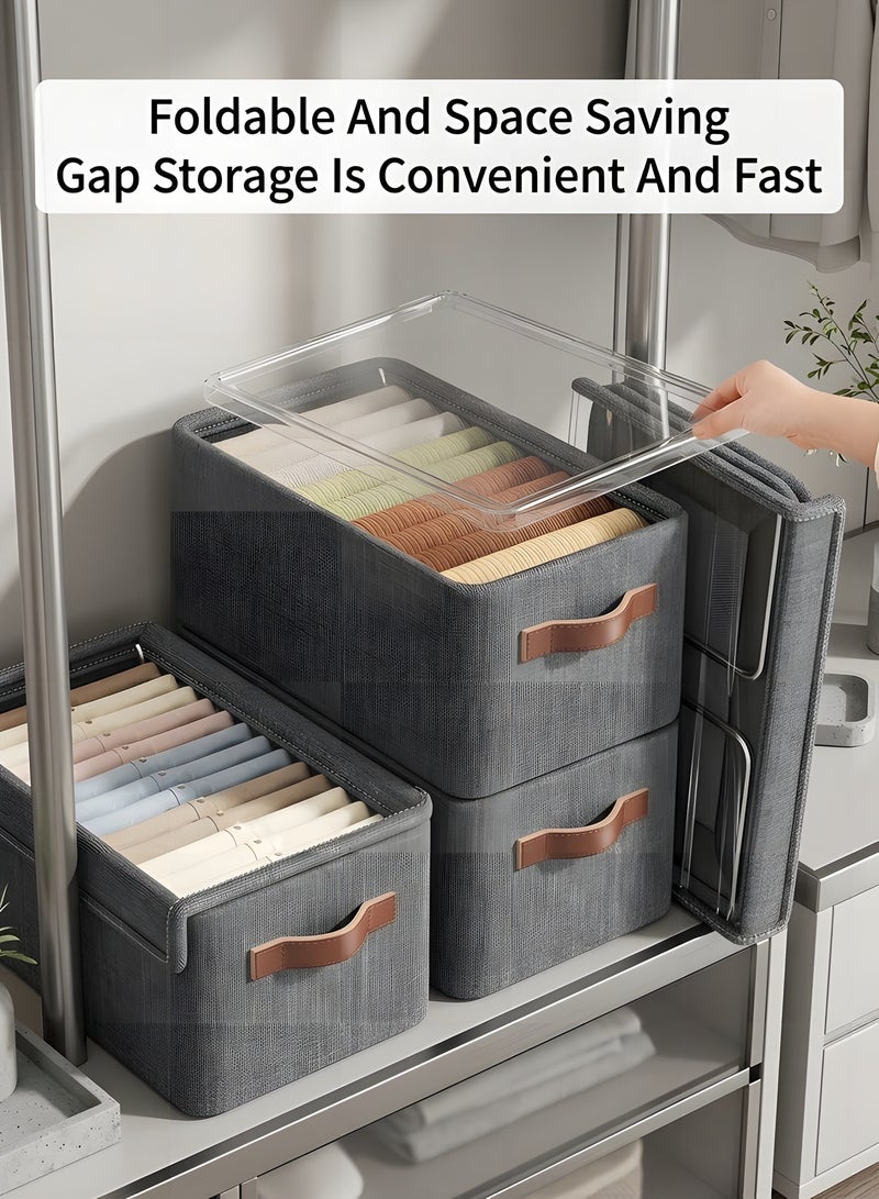 Beauenty 3 Piece Cloth Storage Box, Foldable Closet Drawer Storage Box with Transparent Cover and Handle, Drawer Organizers for Clothes, Jeans, T-Shirt (47x28x20cm) - Image 3