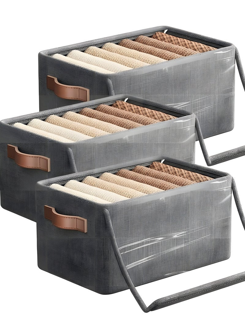 Beauenty 3 Piece Cloth Storage Box, Foldable Closet Drawer Storage Box with Transparent Cover and Handle, Drawer Organizers for Clothes, Jeans, T-Shirt (47x28x20cm) - Image 1
