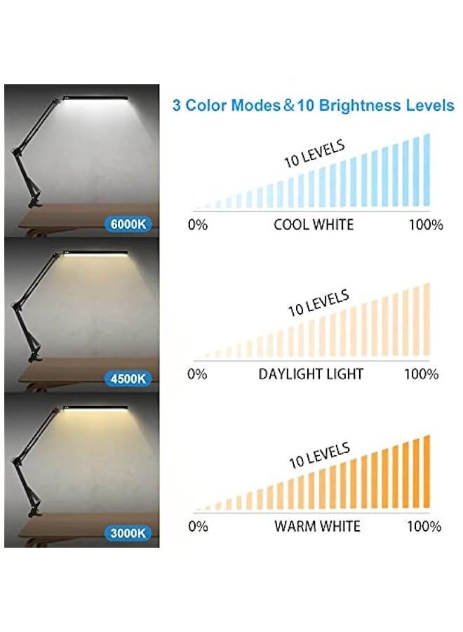 MIXDE Modern LED Desk Lamp with Clamp - 3 Lighting Modes, 10 Brightness Levels - Eye-Caring Reading Lamp for Home Office - 360 Degree Rotation with Memory Function - 12W, Black - Image 2