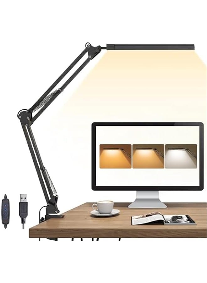 MIXDE Modern LED Desk Lamp with Clamp - 3 Lighting Modes, 10 Brightness Levels - Eye-Caring Reading Lamp for Home Office - 360 Degree Rotation with Memory Function - 12W, Black - Image 1