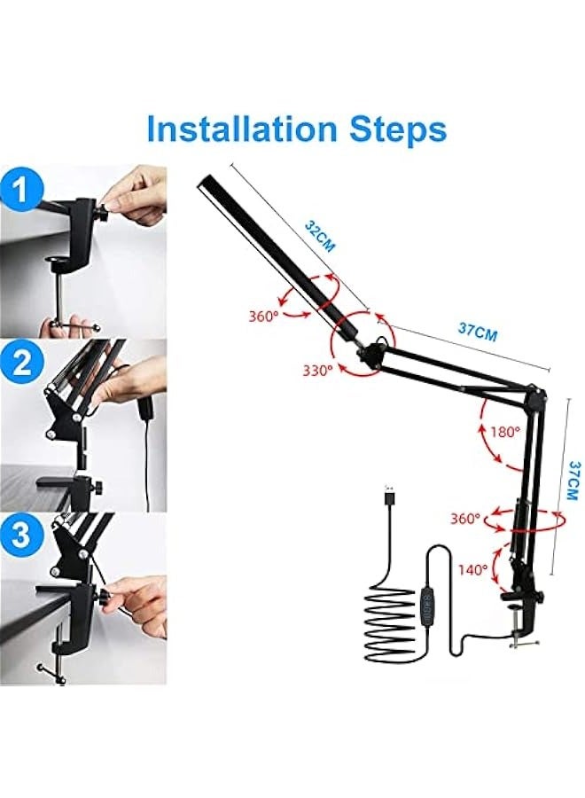 MIXDE Modern LED Desk Lamp with Clamp - 3 Lighting Modes, 10 Brightness Levels - Eye-Caring Reading Lamp for Home Office - 360 Degree Rotation with Memory Function - 12W, Black - Image 5