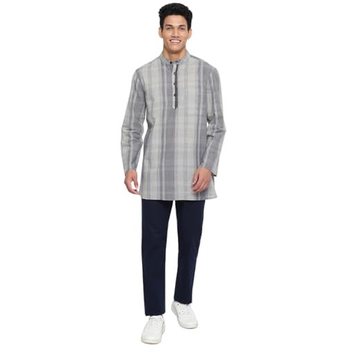 Fabindia Men's Grey Cotton Checks Comfort Fit Short Kurta - Image 5
