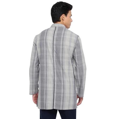 Fabindia Men's Grey Cotton Checks Comfort Fit Short Kurta - Image 4