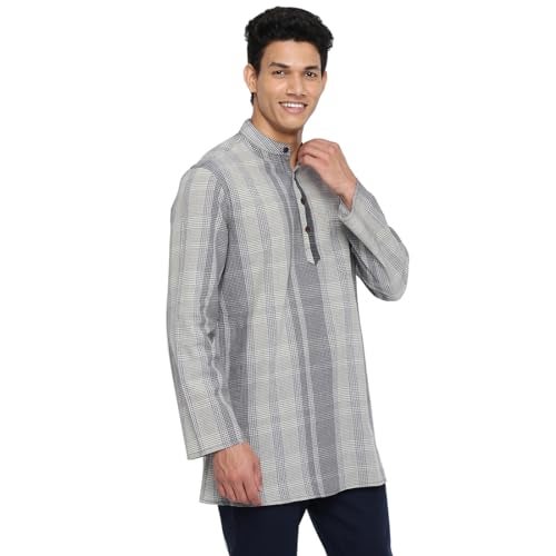 Fabindia Men's Grey Cotton Checks Comfort Fit Short Kurta - Image 3