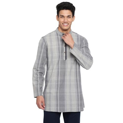 Fabindia Men's Grey Cotton Checks Comfort Fit Short Kurta - Image 1