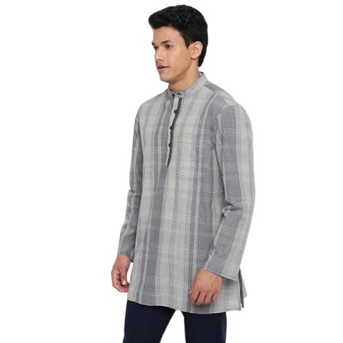 Fabindia Men's Grey Cotton Checks Comfort Fit Short Kurta - Image 2