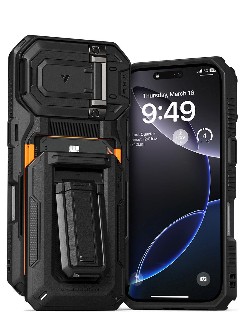 VRS Design D-Wallet Origin iPhone 16 Case Cover Wallet with Semi Automatic Credit Card Holder Slot [3 Cards] & Camera Lens Protector Kickstand - Black  - Image 1