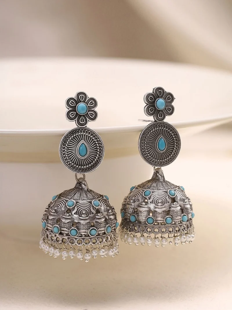 Priyaasi Floral Shaped Oxidised Jhumkas