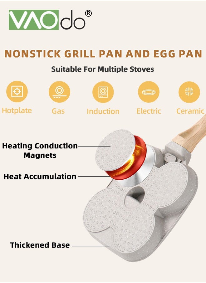 VAOdo 4PCS Egg Pan with Lid and Oil Brush and Spatula Nonstick 3 Section Pancake Pan Suitable for all stoves Divided Pan for Breakfast Medical Stone Egg Frying Pan  - Image 4