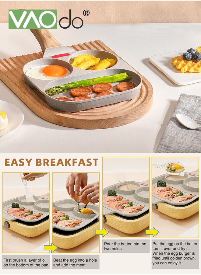 VAOdo 4PCS Egg Pan with Lid and Oil Brush and Spatula Nonstick 3 Section Pancake Pan Suitable for all stoves Divided Pan for Breakfast Medical Stone Egg Frying Pan  - Image 5