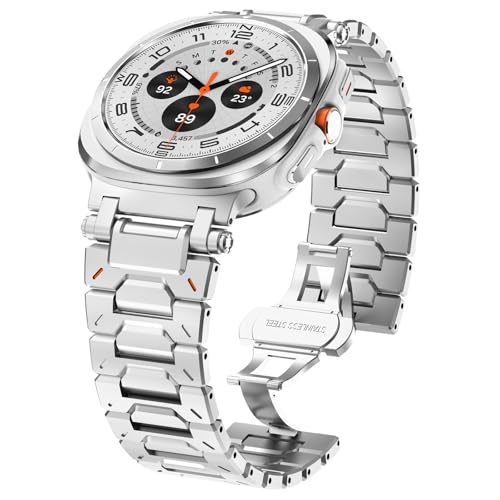 WINGLE Stainless Steel Band for Galaxy Watch Ultra Bands 47mm 20252024 Men Rugged Durable Armor Metal Band Classy Casual Business Samsung Galaxy Watch Ultra Bands Butterfly Folding Clasp Silver - Image 1