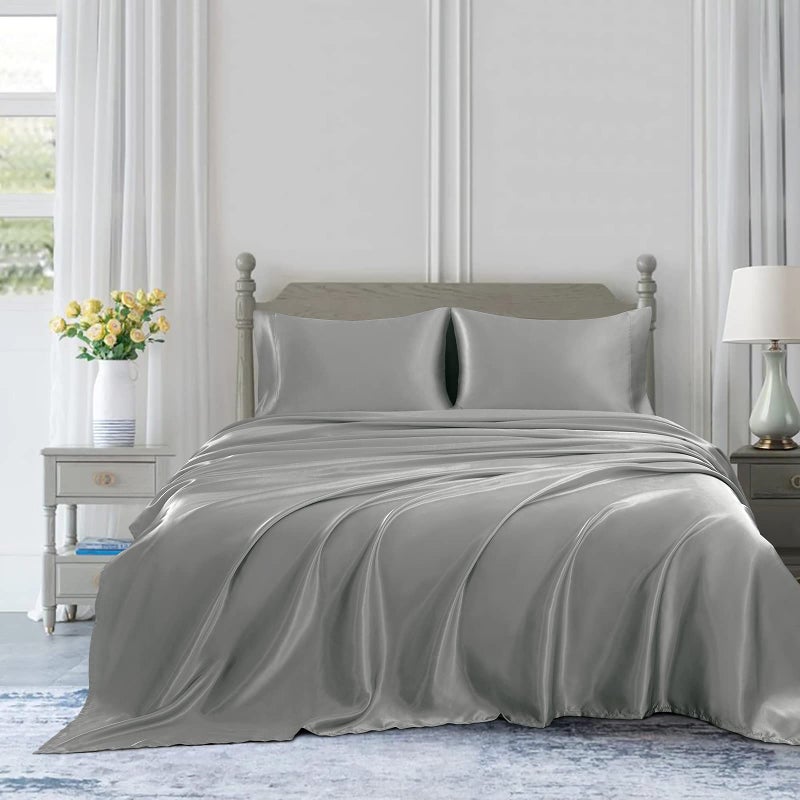 Homiest 4pcs Satin Sheets Set Luxury Silky Satin Bedding Set with Deep Pocket, 1 Fitted Sheet + 1 Flat Sheet + 2 Pillowcases (Queen Size, Light Grey) - Image 3