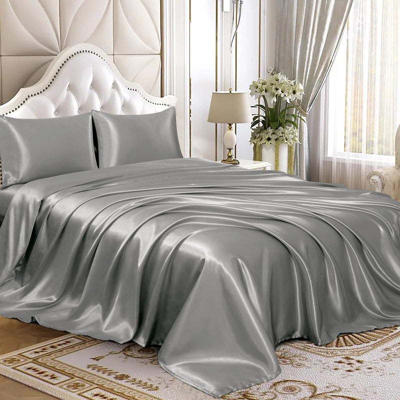 Homiest 4pcs Satin Sheets Set Luxury Silky Satin Bedding Set with Deep Pocket, 1 Fitted Sheet + 1 Flat Sheet + 2 Pillowcases (Queen Size, Light Grey) - Image 1