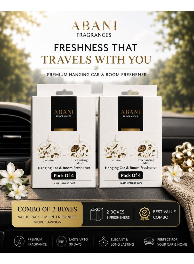 ABANI Fragrances combo of 2 boxes total 8 pieces of ABANI Car & Room Hanging Air Freshener Pack of 4 each – Jasmine & Enchanting Mist | 30 Days Long Lasting Fragrance | Compact & Safe Non-Toxic Freshener Bundle - Image 2