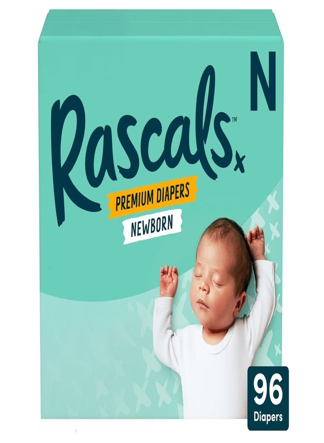 Rascals Premium Newborn Baby Diapers, Size Newborn, (96 Count), Ultra Soft Disposable Diapers, Up to 12 Hours Leak Protection, High Absorbency, Comfortable Fit for Sensitive Skin