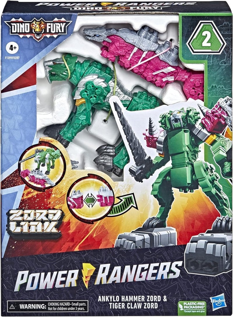 Power Rangers Dino Fury Pink Ankylo Hammer and Green Tiger Claw Zord Toys for Kids Ages 4 and Up Zord Link Mix-and-Match Custom Build System - Image 2