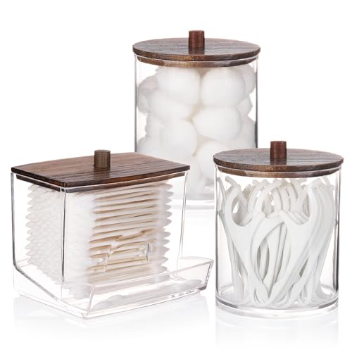 Tbestmax Qtips Dispenser Bathroom Container, 10/12 oz Big Cotton Ball Holder, Apothecary Jar Organizer for Storage Cotton Swab, Cotton Round Pads, Floss Picks (Black Wood Lids) - Image 1