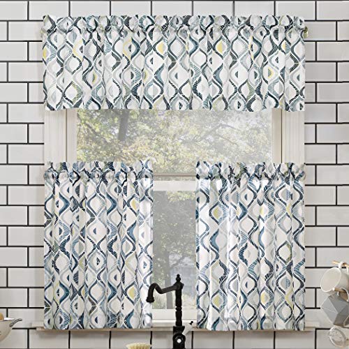 No. 918 Barker Geometric Semi-Sheer Rod Pocket Kitchen Curtain Valance and Tiers Set, 54" x 24", White - Image 1