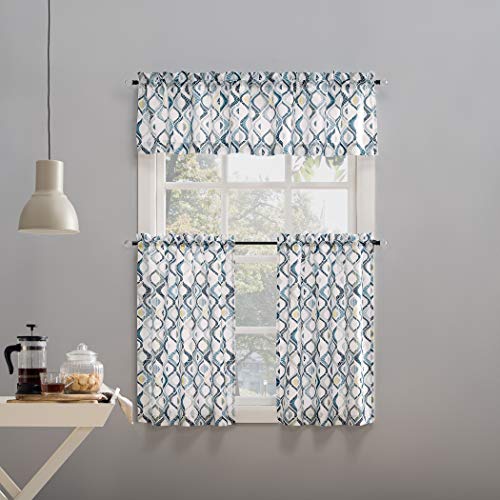 No. 918 Barker Geometric Semi-Sheer Rod Pocket Kitchen Curtain Valance and Tiers Set, 54" x 24", White - Image 4