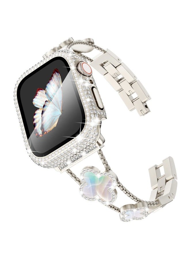 MegaGear Compatible with Apple Watch Bands 44mm for Women, Jewelry Diamond Rhinestone Stainless Steel Metal Wristband Strap with Bling PC Protective Case for iWatch Series 6/5/4 SE, Starlight/Rainbow  - Image 1