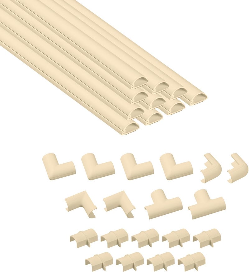 D-Line 157in Cord Cover Kit, Self-Adhesive Wire Hiders, Paintable Cable Raceway to Hide Wires on Wall, Electrical Cable Management - 10x 15.7 Lengths & 19 Accessories - 0.78" (W) x 0.39" (H) - Beige - Image 1
