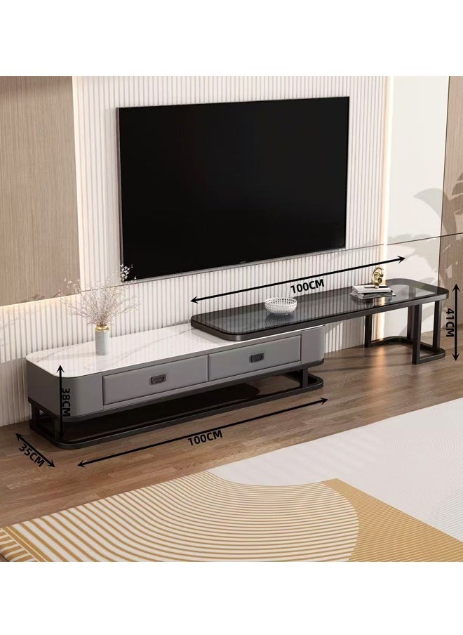 Raffine - Multipurpose Use Nested Design Modern European Luxury Style Retractable Length Console Mount TV Stand Tempered Glass Tabletop TV Console Table with 2 Drawers Storage Tv Cabinet Entryway Console Table for Hallway Living Room 200x35x41CM - Image 1