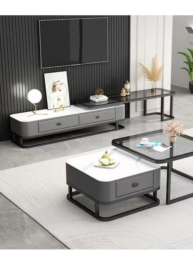 Raffine - Multipurpose Use Nested Design Modern European Luxury Style Retractable Length Console Mount TV Stand Tempered Glass Tabletop TV Console Table with 2 Drawers Storage Tv Cabinet Entryway Console Table for Hallway Living Room 200x35x41CM - Image 1