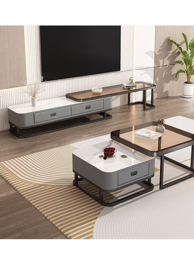 Raffine - Multipurpose Use Nested Design Modern European Luxury Style Retractable Length Console Mount TV Stand Tempered Glass Tabletop TV Console Table with 2 Drawers Storage Tv Cabinet Entryway Console Table for Hallway Living Room 200x35x41CM - Image 1