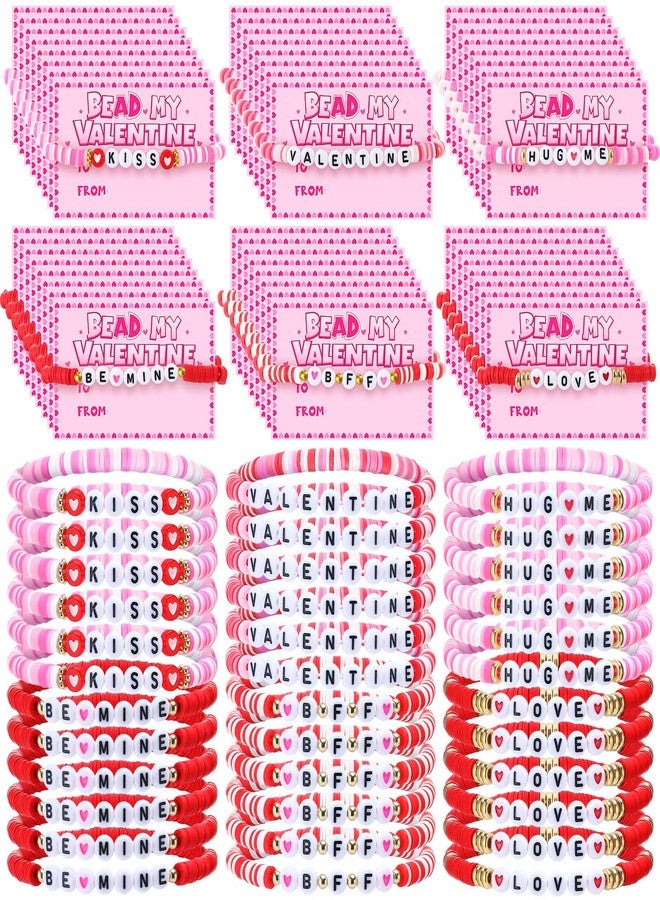 Ferreve 60 Set Valentine's Day Bracelet for Women with Card Heishi Bracelets Clay Love Heart Beaded Bracelets Bulk Friendship Pink Red Stackable Stretch Bracelets for Valentine Party Exchange Gifts - Image 1