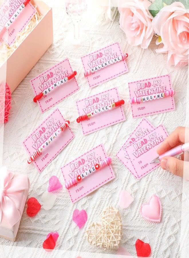 Ferreve 60 Set Valentine's Day Bracelet for Women with Card Heishi Bracelets Clay Love Heart Beaded Bracelets Bulk Friendship Pink Red Stackable Stretch Bracelets for Valentine Party Exchange Gifts - Image 4