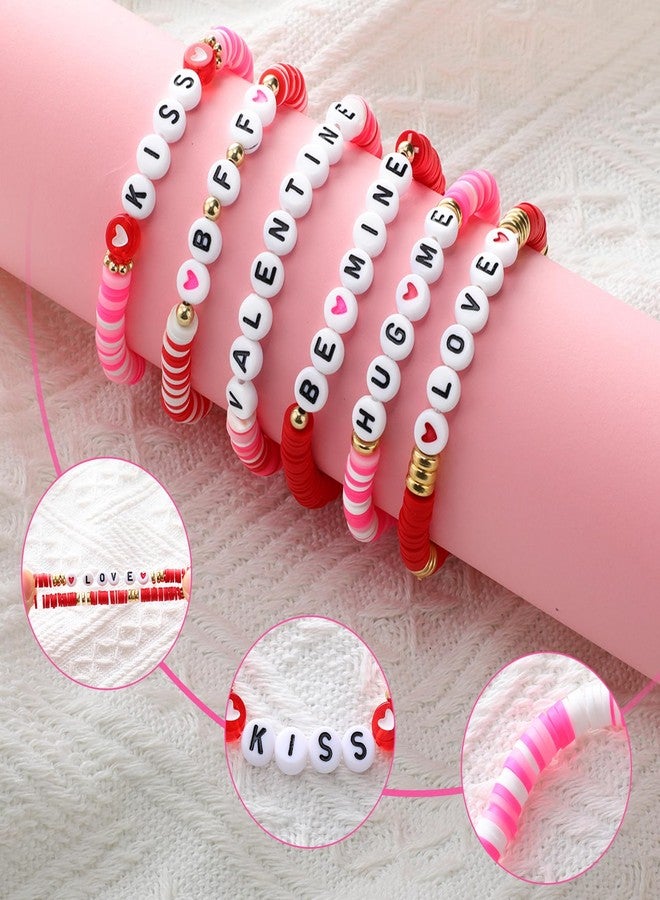 Ferreve 60 Set Valentine's Day Bracelet for Women with Card Heishi Bracelets Clay Love Heart Beaded Bracelets Bulk Friendship Pink Red Stackable Stretch Bracelets for Valentine Party Exchange Gifts - Image 3