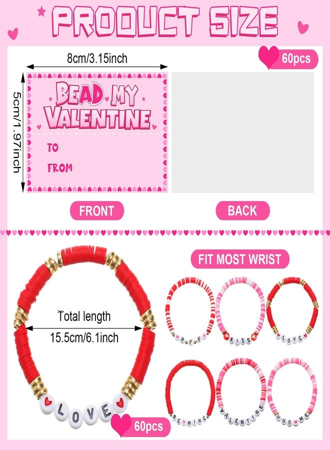 Ferreve 60 Set Valentine's Day Bracelet for Women with Card Heishi Bracelets Clay Love Heart Beaded Bracelets Bulk Friendship Pink Red Stackable Stretch Bracelets for Valentine Party Exchange Gifts - Image 2