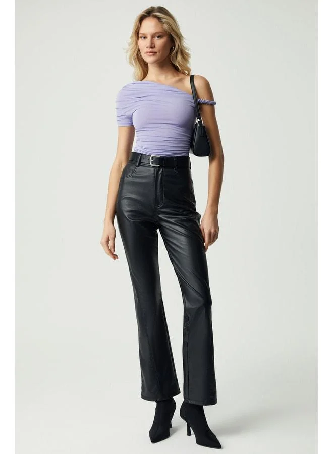 Grimelange BURENTY Women's Asymmetric Collar Slim Short Sleeve Purple Blouse.