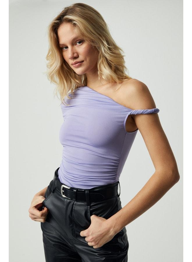 GRIMELANGE BURENTY Women's Asymmetric Collar Slim Short Sleeve Purple Blouse. - Image 3