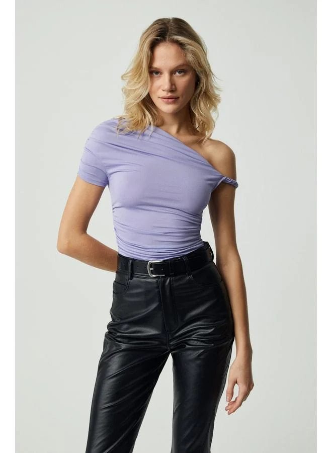 Grimelange BURENTY Women's Asymmetric Collar Slim Short Sleeve Purple Blouse.