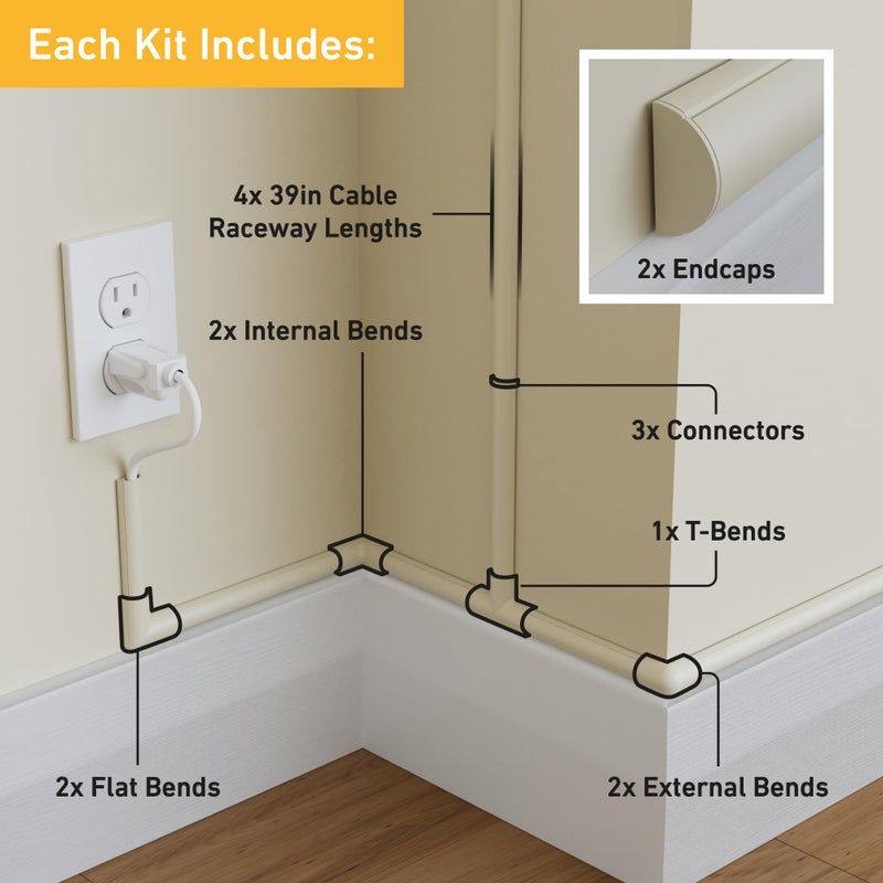 D-Line 13.12ft Cord Hider Kit, Patented Cable Cover, Hide Wires on Wall, Channel for TV Mount Cords, Raceway Wire Hiders, Paintable, Adhesive, Half Round, 4X 0.78in W x 0.39in H x 39in Lengths, Beige - Image 2