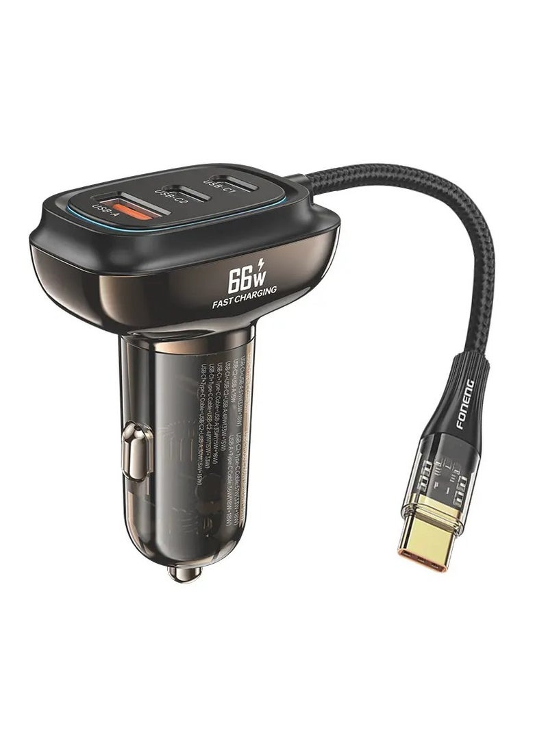 FONENG C20 66W Fast Car Charger, PD Quick Charge, 3 Ports with 1M USB-C to USB-C Cable - Image 1